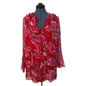 Vtg Avenue Red Floral Beaded Ruffle Silk Bell Sleeve Blouse Sheer Holiday 18/20